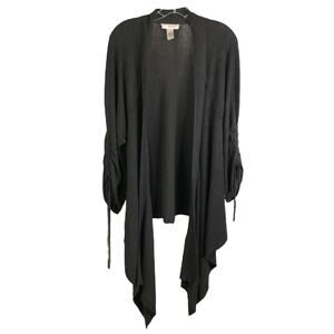 Kenar Cardigan Womens Sz L Charcoal Gray Long Drape Front Gathered Sleeves Tie